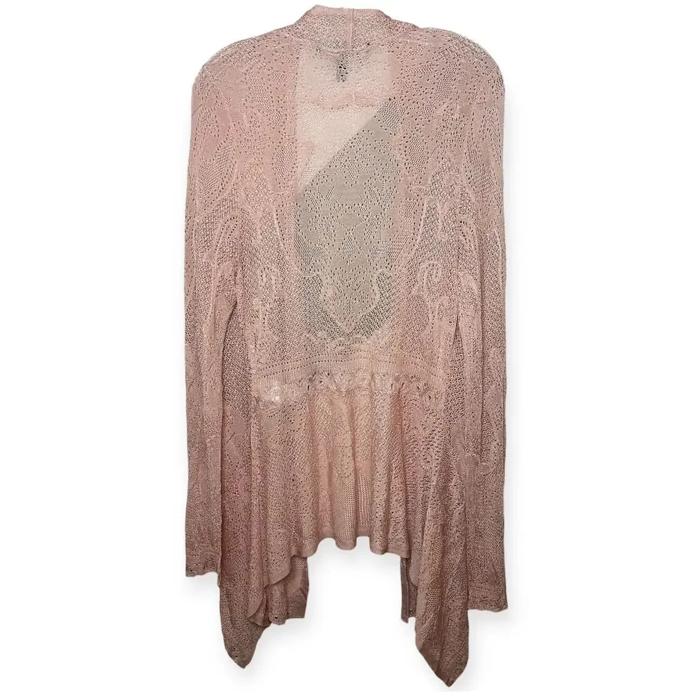 White House Black Market Pink Open Knit Cardigan  Drape Front Lightweight Sz L - Picture 5 of 7